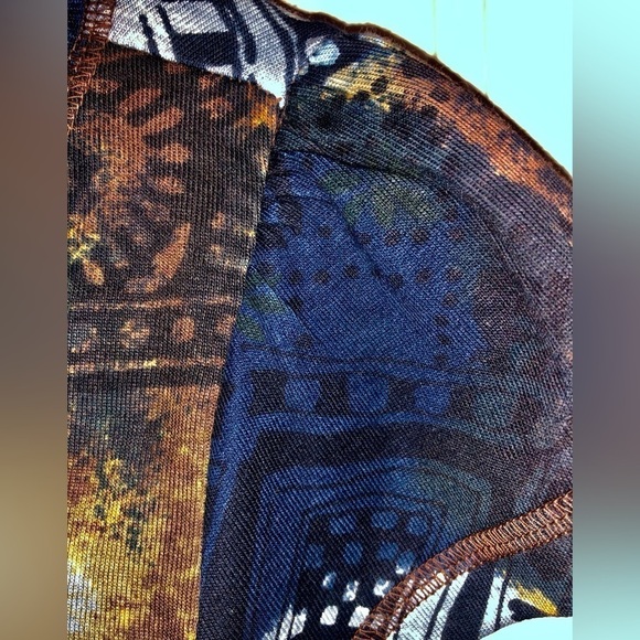 Forbidden Tee brown blue Princess shoulder cap sleeve sparkles beads size Large - Picture 6 of 11